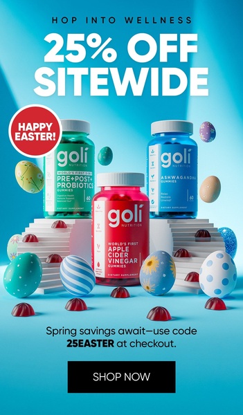 A festive, high-contrast ad creative utilizing Easter imagery to promote a sitewide 25% discount for a gummy supplement brand.
